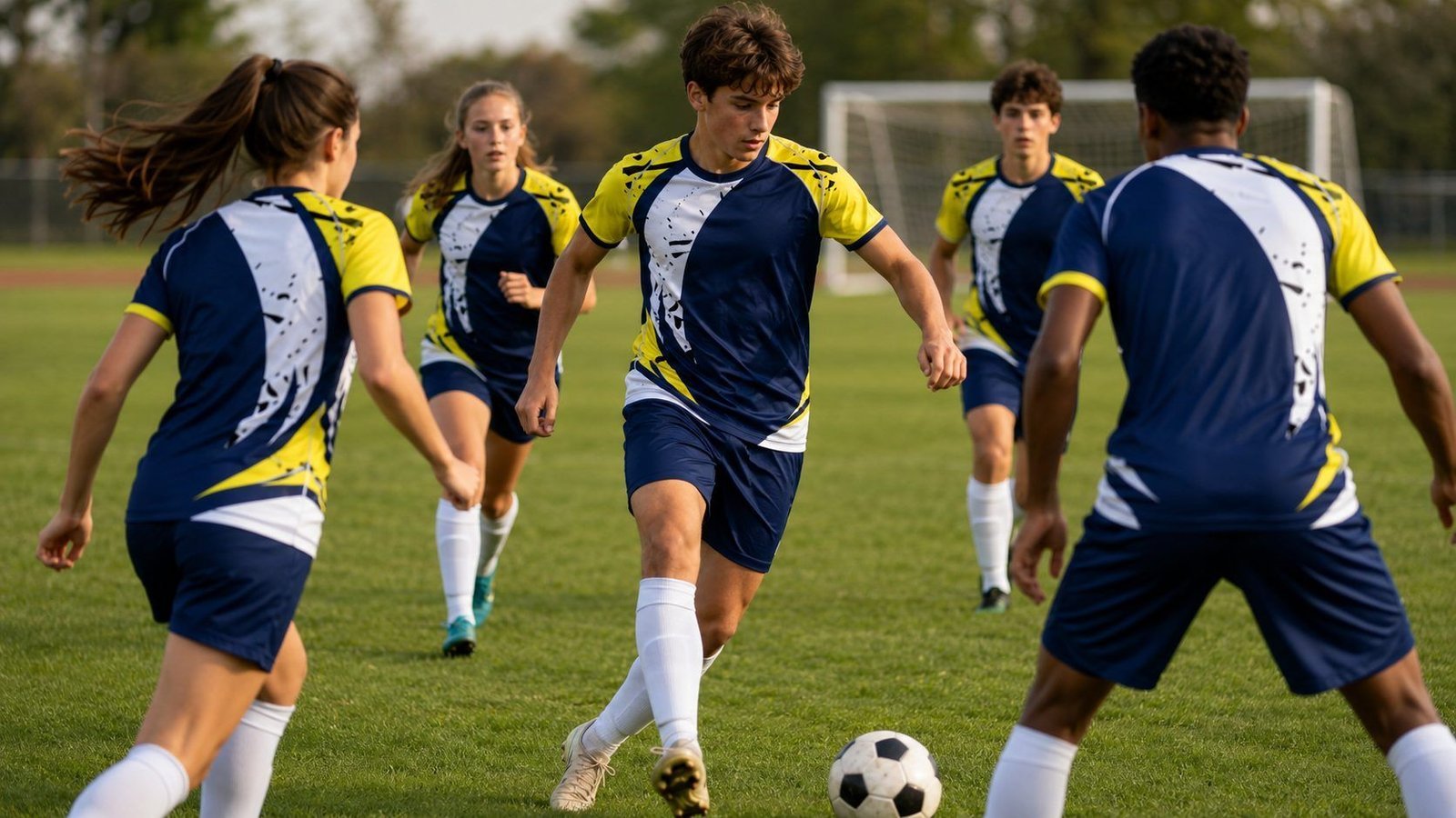 Soccer team in custom navy and yellow kits