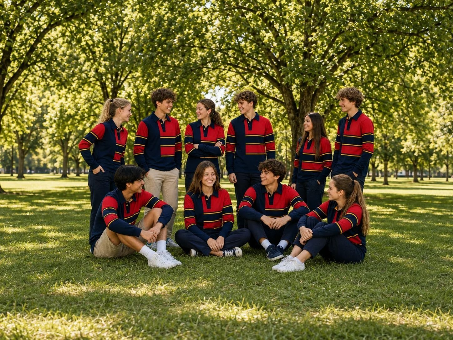 School group in custom red and navy rugby jerseys